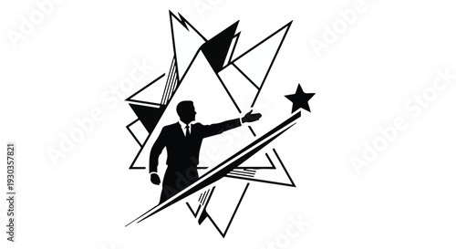 Businessman reaching for a bright star amidst abstract geometric shapes, symbolizing ambition and success.