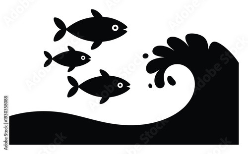 Three Silhouetted Fish Swim Towards a Breaking Wave