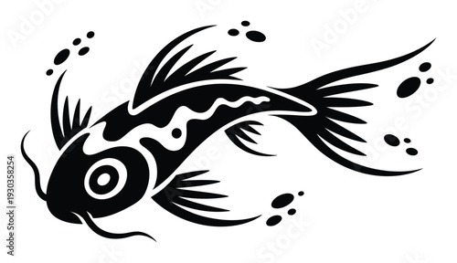 Stylized Black and White Koi Fish Tattoo with Bubbles