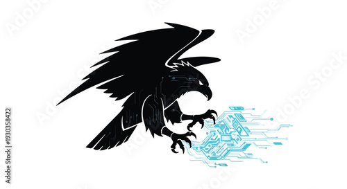 Silhouette of a raven with outstretched wings grasping a glowing digital circuit cube.