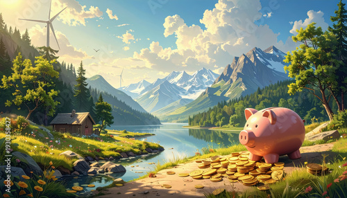 Pink Piggy Bank with Gold Coins by a Lake in a Mountain Landscape