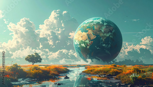 Earth Globe Floating in a Field of Orange Flowers