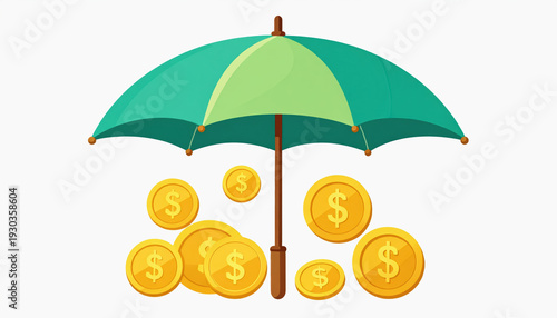 Teal Umbrella Over Scattered Gold Coins, Isolated on White Background