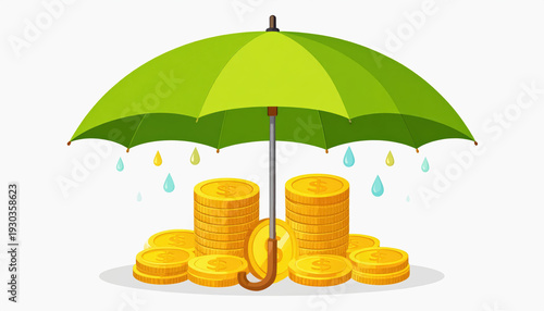 Green Umbrella Protecting Stacked Gold Coins from Rain Drops, White Background