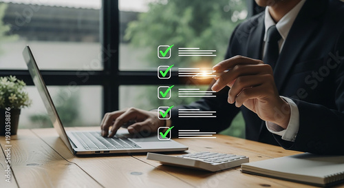 Businessman Checklist: A close-up shot of a man in a business suit working on a laptop with a digital checklist overlaid. Capturing the essence of task completion and business efficiency.