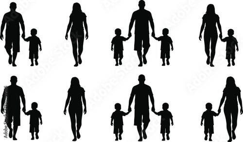 Silhouettes of diverse hikers with backpacks and trekking poles in various poses walking and resting isolated on white background for outdoor adventure and travel