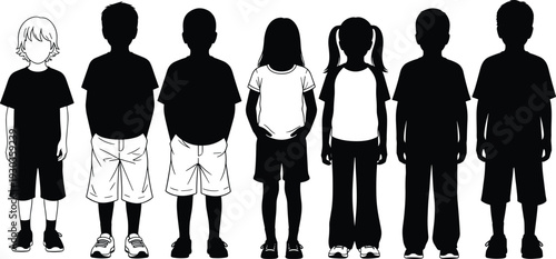 Group of Children Silhouettes with One Unique Standing Out Outlined Boy Representing Individuality Inclusion Diversity and Leadership in Youth Population
