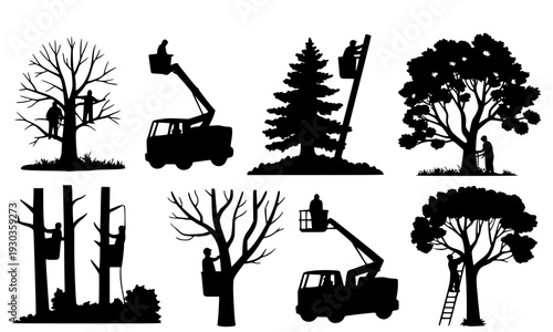 Black silhouette set of tree surgeons and arborists trimming and cutting trees with trucks and equipment, perfect for landscaping, forestry, and outdoor service-themed logo and graphic design projects
