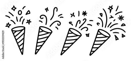 Hand-drawn confetti poppers exploding with stars and streamers