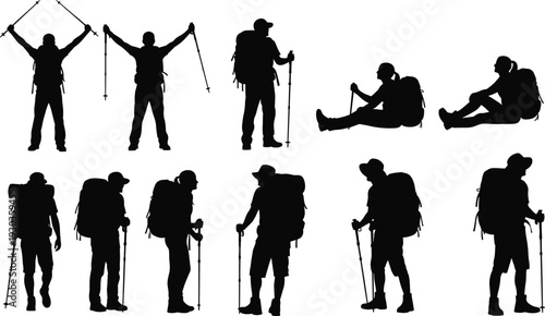 Silhouettes of diverse hikers with backpacks and trekking poles in various poses walking and resting isolated on white background for outdoor adventure and travel