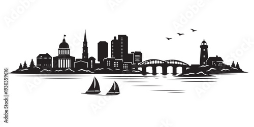 Cuadro en lienzo Rhode Island Skyline Silhouette, Vector Illustration, Isolated on White Backgrou