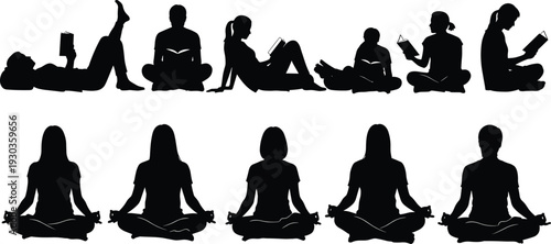 Silhouettes of diverse people in various poses reading books and practicing yoga meditation in lotus position isolated on white background for wellness concepts