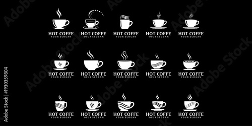coffee shop logo designs in flat vector style, isolated on black background