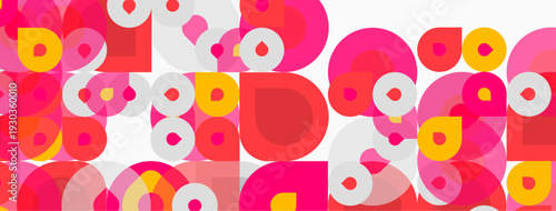 Bright circles overlap, creating playful pattern. Pink, red, yellow, white hues dominate composition. Modern, abstract design.