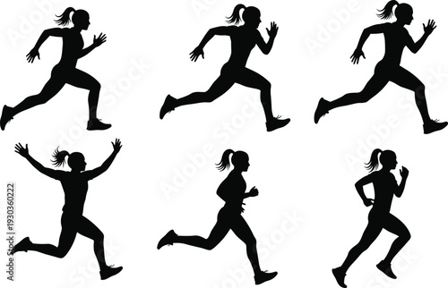 Silhouettes of female runners and sprinters in various athletic poses running and jogging isolated on white background for sports fitness and healthy lifestyle concepts