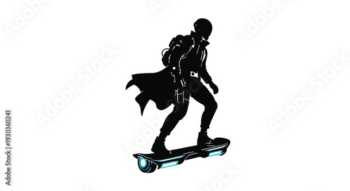 Futuristic figure glides on a glowing hoverboard, embodying speed and innovation.