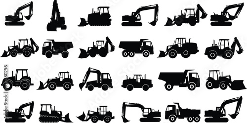 Heavy Construction Equipment Silhouette Set Including Excavators, Bulldozers, Dump Trucks, Tractors and Loaders for Industrial Design and Building Projects - flavector