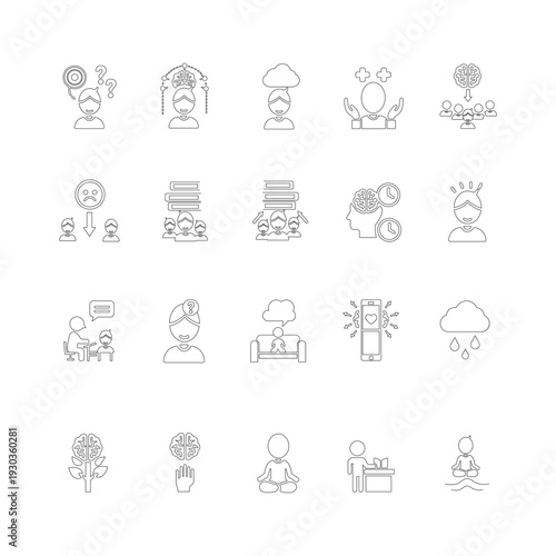 Set of 15 Mental Health and Stress Management Line Icons Vector