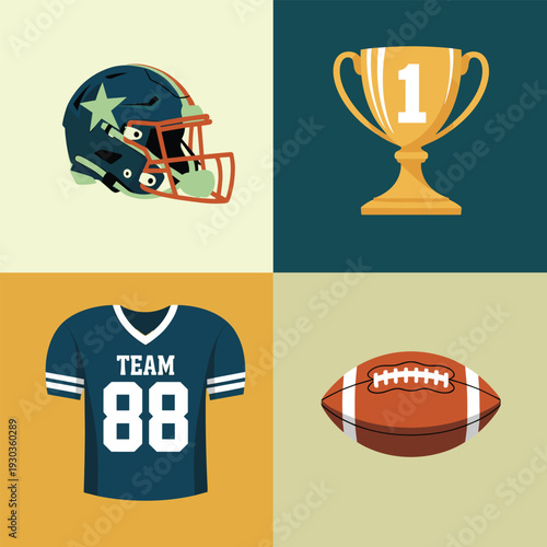 American Football Icon Set with Helmet Jersey Ball and Trophy