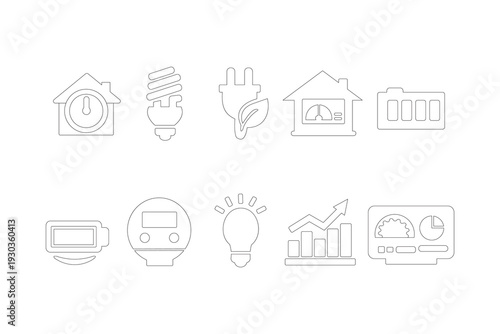 Set of 10 Energy and Smart Home Outline Icons Vector