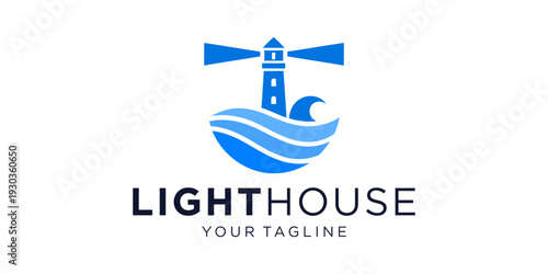 Modern lighthouse logo with ocean waves in clean flat vector style. Ideal for maritime branding, coastal businesses, navigation services, and nautical identity design.