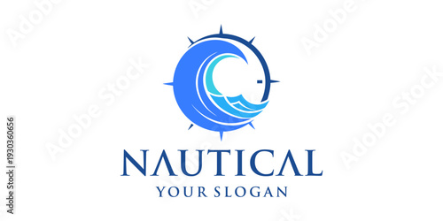 Modern nautical logo featuring compass and ocean wave in clean blue vector style. Ideal for maritime branding, coastal businesses, and marine identity design.