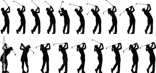 Silhouettes of male and female golfers practicing swings and putting in various athletic poses isolated on white background for golf tournament and sports concepts