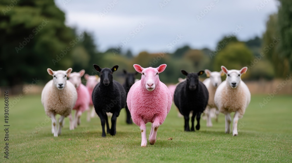 Fototapeta premium Unique Pink Sheep Among Black Sheep on a Green Meadow in a Rural Landscape
