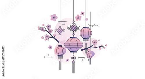 Three lanterns hanging from branches with pink flowers, illustration of traditional decoration, serene scene from above viewpoint