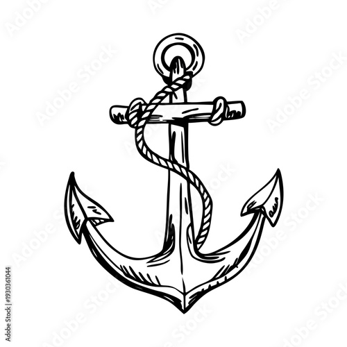 Hand-drawn anchor emblem sketch, featuring rope detail and a classic nautical symbol. Textured vintage look defines this anchor emblem sketch. Ideal anchor emblem sketch for marine designs.