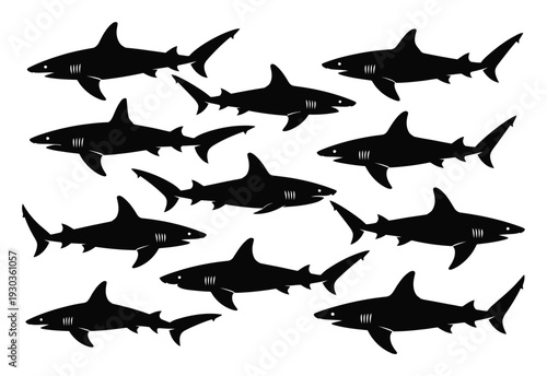 A school of black shark silhouettes swimming in unison