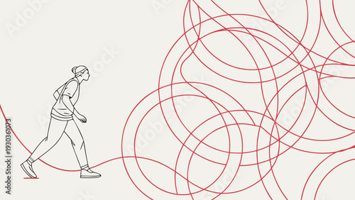 Person walking through complex red lines pathway