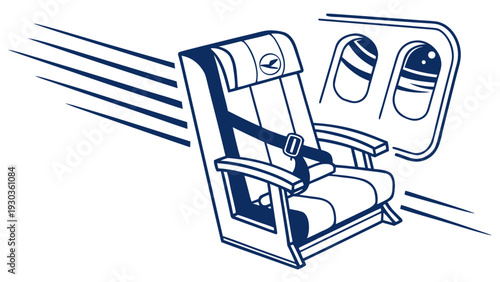 Airplane seat with seatbelt and window view in motion