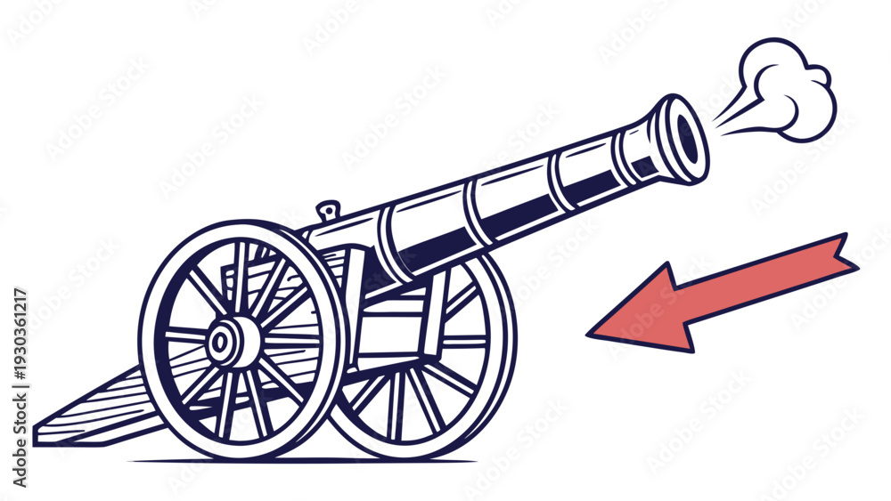 Fototapeta premium Vintage cannon firing with smoke and red arrow indicator
