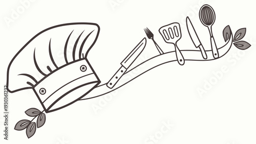 Chef hat and kitchen utensils on a branch with leaves
