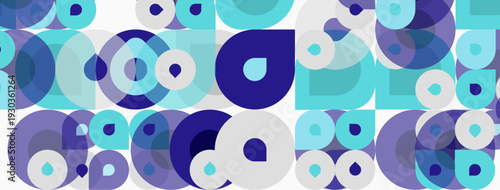 Abstract pattern features overlapping circles. Various shades blue, purple, turquoise create dynamic visual texture. Modern design element.