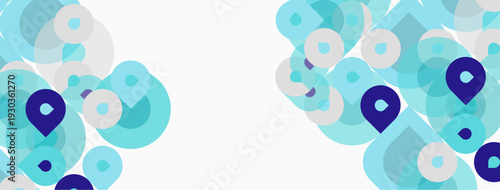 Abstract background features overlapping circles, varying sizes, shades blue, teal, gray. Minimalist design suggests location, connection, data points.
