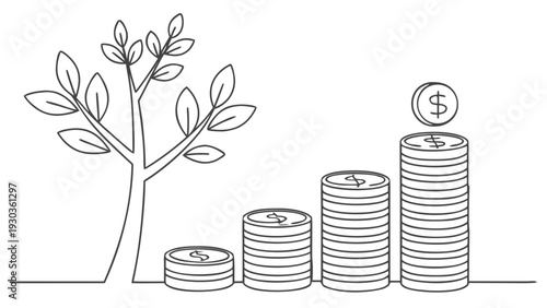 Growing investment returns represented by stacks of coins and tree
