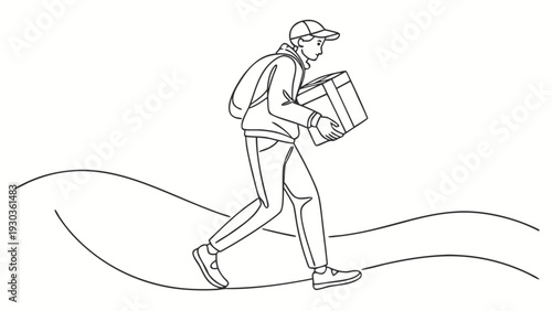 Delivery man walking with package in simple line art style