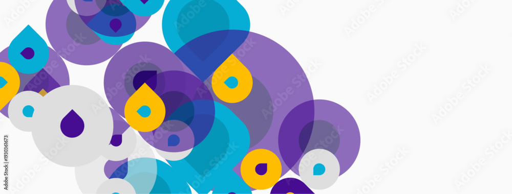 Fototapeta premium Abstract circles overlap, creating vibrant color patterns. Purple, turquoise, yellow hues dominate composition. Minimalist design, modern aesthetic.