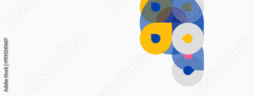Abstract colorful shapes overlap, creating dynamic visual composition. Minimalist design with blue, yellow hues dominates white background.