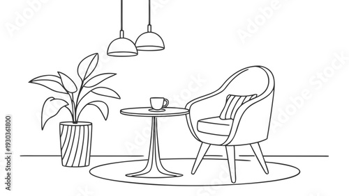 Cozy coffee corner with modern chair and potted plant