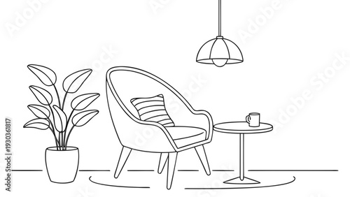 Modern living room interior with chair, plant, and coffee table