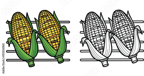 Grilled corn on the cob barbecue vector illustration with black and white coloring page outline
