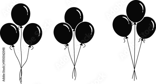 Three Bundles of Black Helium Balloon Vector Silhouettes with Strings Isolated on White Background for Party Celebration and Birthday Decoration