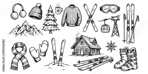 A collection of hand-drawn winter and skiing elements including clothing, equipment, and scenery
