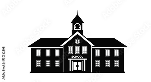 Simple black silhouette of a classic school building with a bell tower