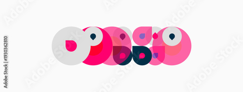 Abstract circles, pinks, grays, dark blues create playful composition. Modern design, simple shapes, vibrant colors.