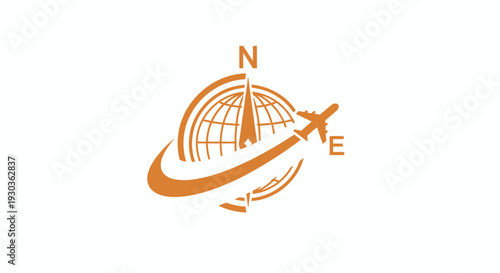 Airplane circling globe with compass and directional arrows.