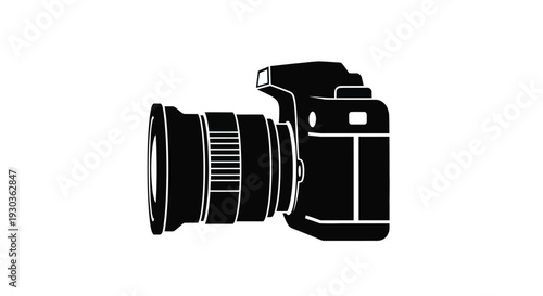 Black silhouette of a digital slr camera on a white background